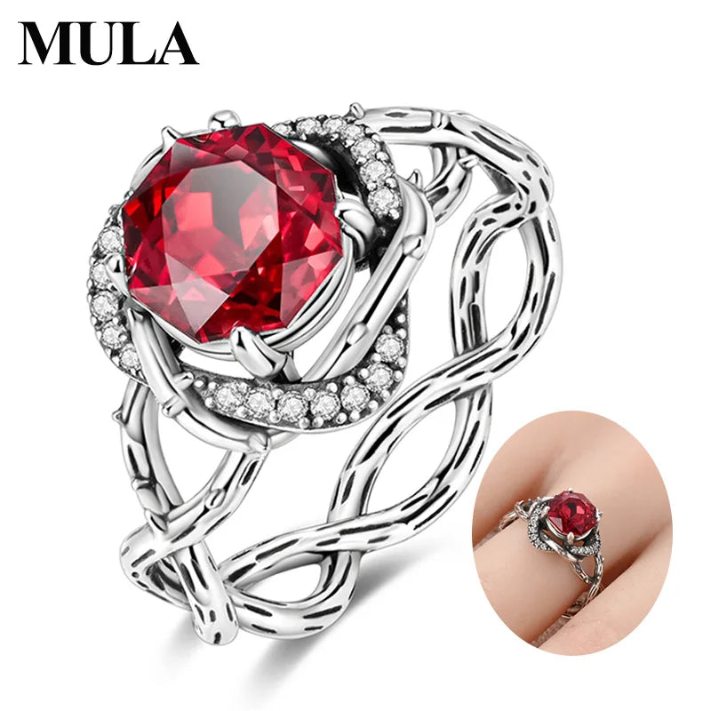 MULA 925 Sterling Silver Thorn Rose Red Zircon Rings For Women Lady Wedding Band Anniversary Party Valentine's Day Rings Jewelry